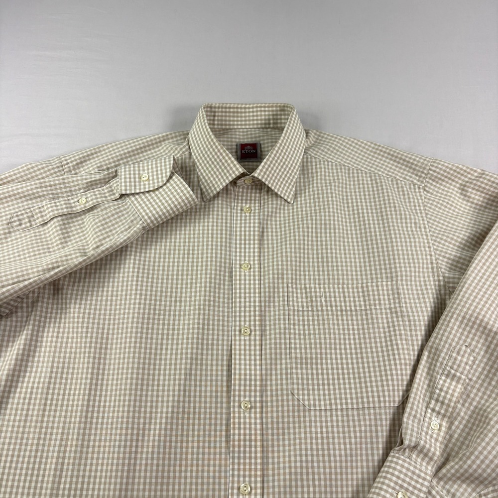 Eton Shirt Mens 43 17 Beige Checkered Button‎ Up Long Sleeve Formal Casual